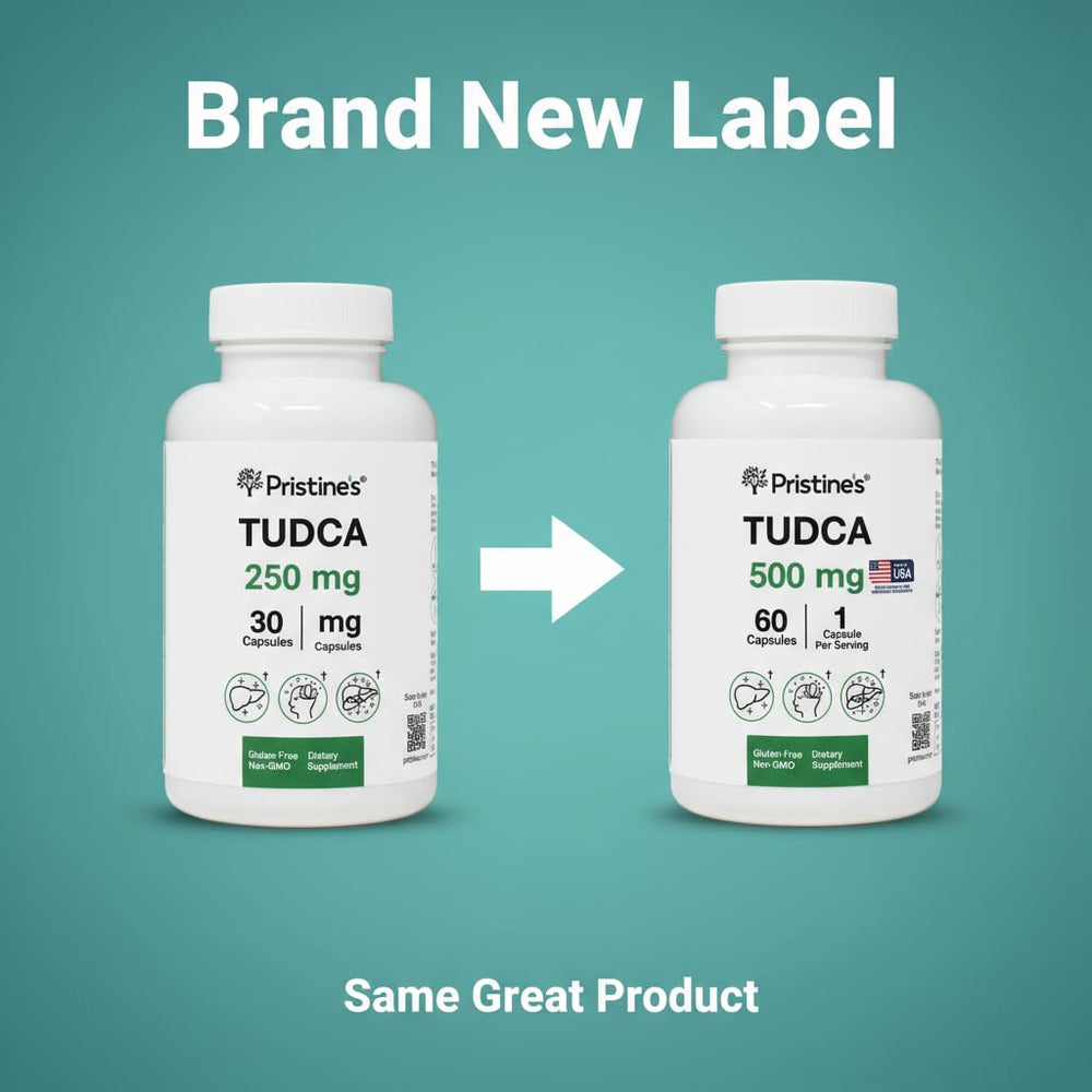 PRISTINE'S Tudca 500mg bottle label details highlight ingredients and purity.