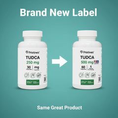 PRISTINE'S Tudca 500mg bottle label details highlight ingredients and purity.