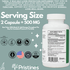 PRISTINE'S Tudca 500mg bottle with glass of water for intake.