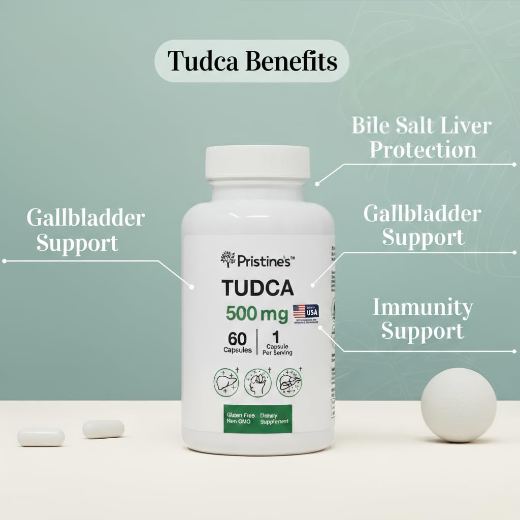PRISTINE'S Tudca 500mg capsules poured for easy daily dosing.