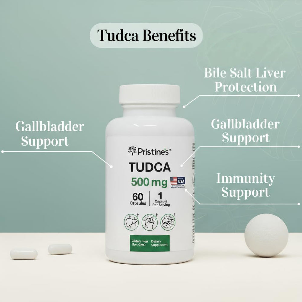 PRISTINE'S Tudca 500mg capsules poured for easy daily dosing.