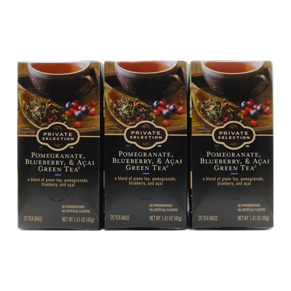 Private Selection Pomegranate Blueberry Acai Green Tea three-pack front view for refreshing moments.