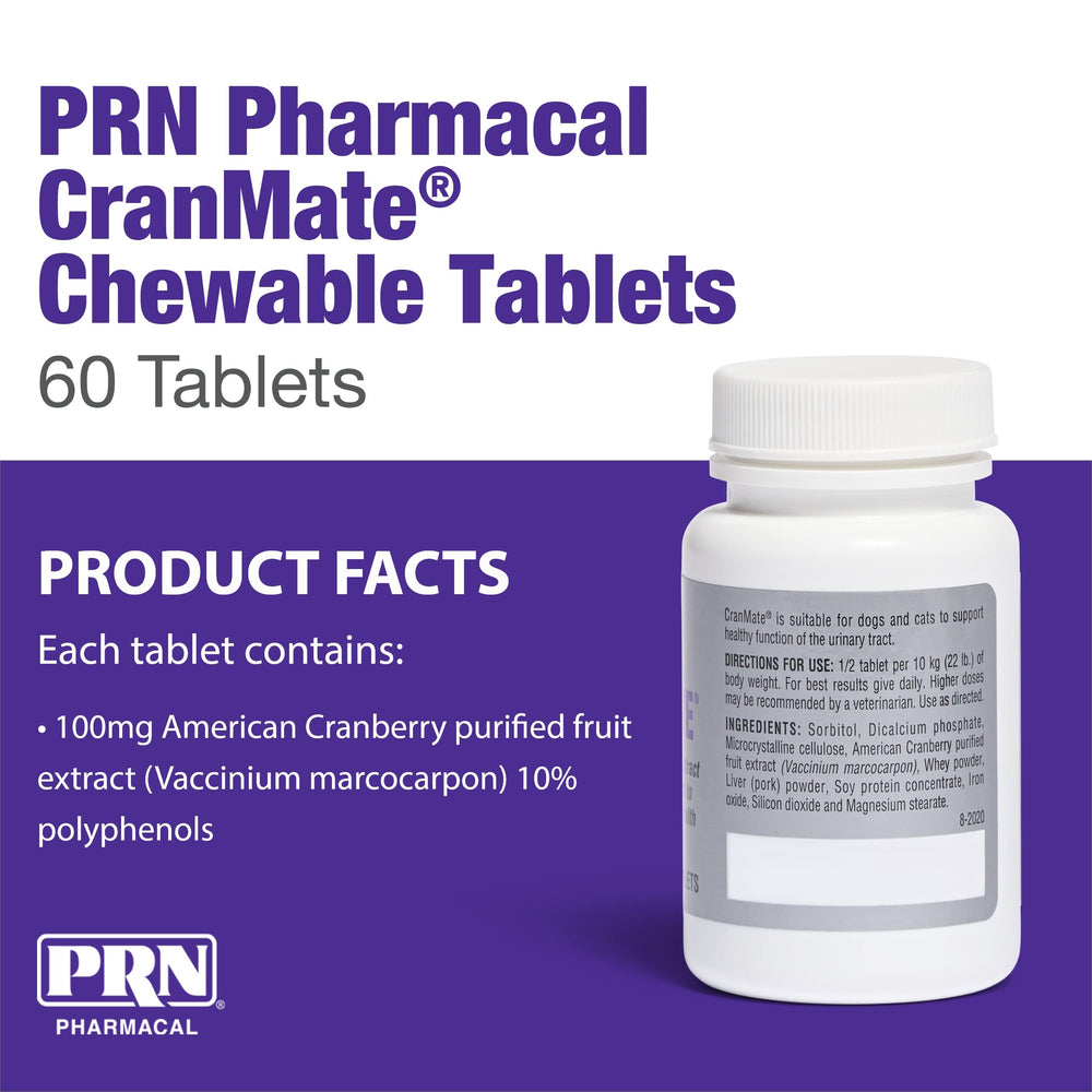 PRN CranMate pork-flavored chews ease daily administration for dogs and cats.