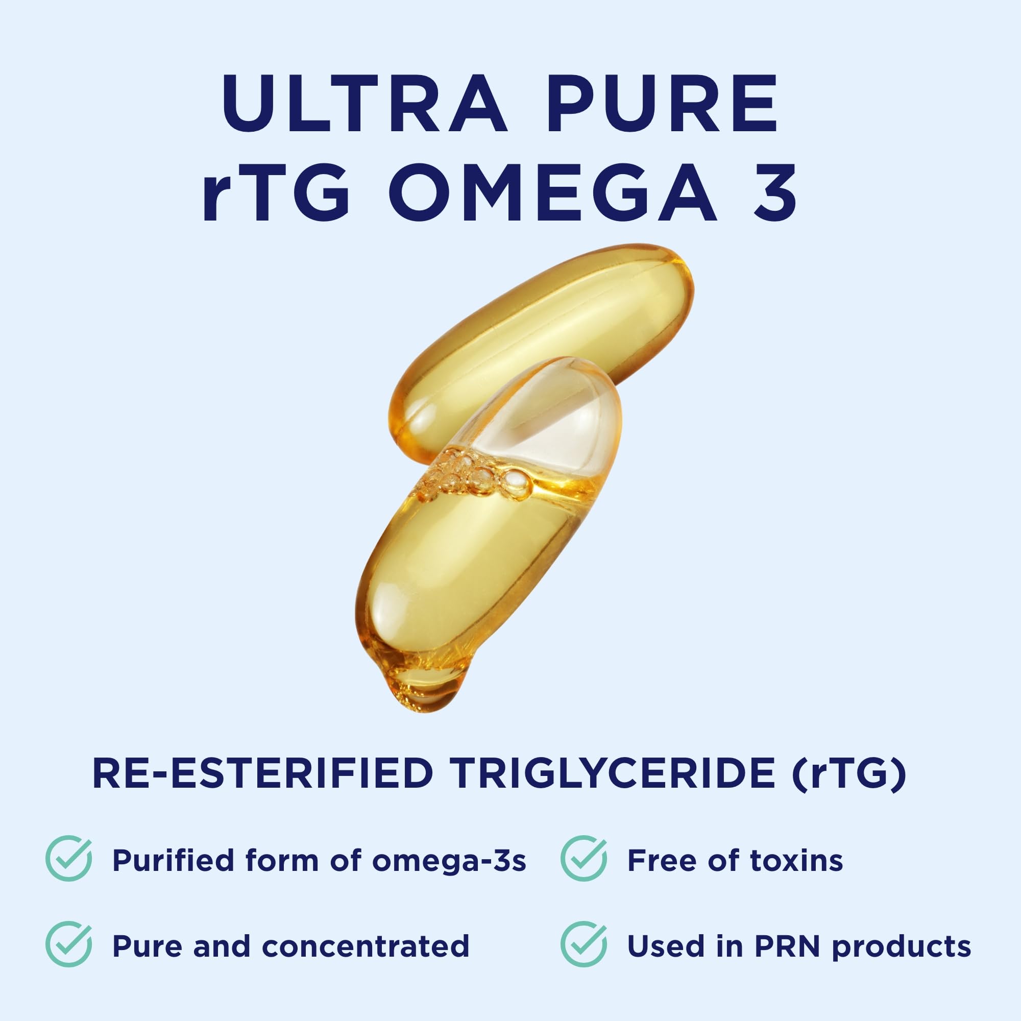 Two PRN DE Omega-3 softgels positioned for a twice-daily routine