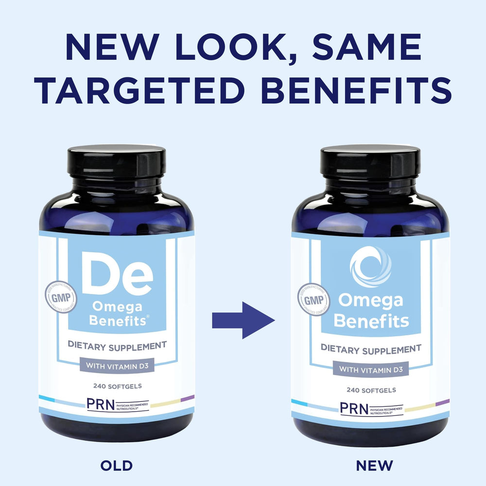 PRN DE Omega-3 softgels bottle side label with dosage guidance for daily use.