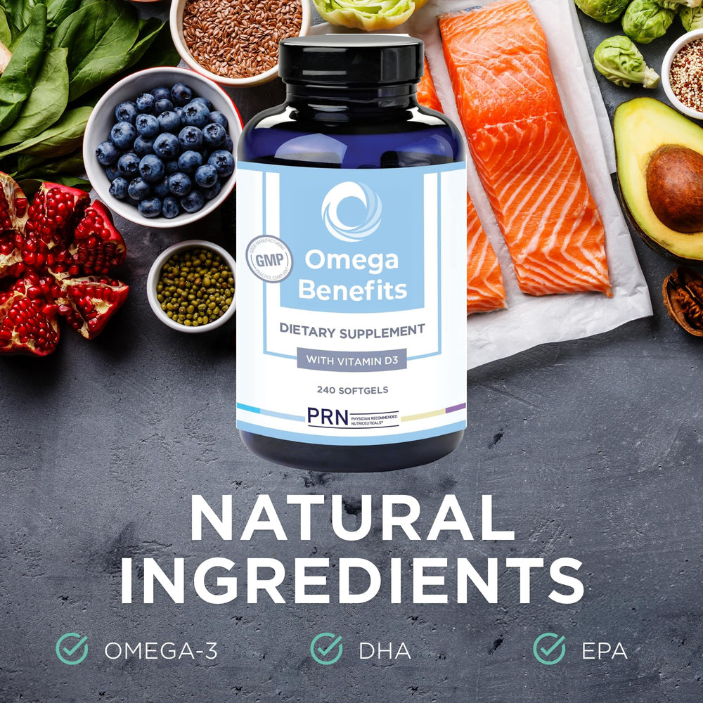 PRN DE Omega-3 softgels NSF-certified facility badge signifying quality control.