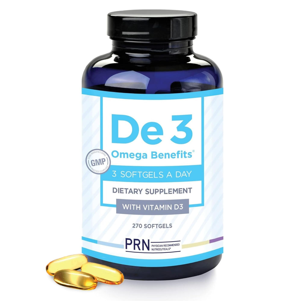 PRN De3 dry eye bottle front highlights burpless omega-3 capsules for daily eye comfort.