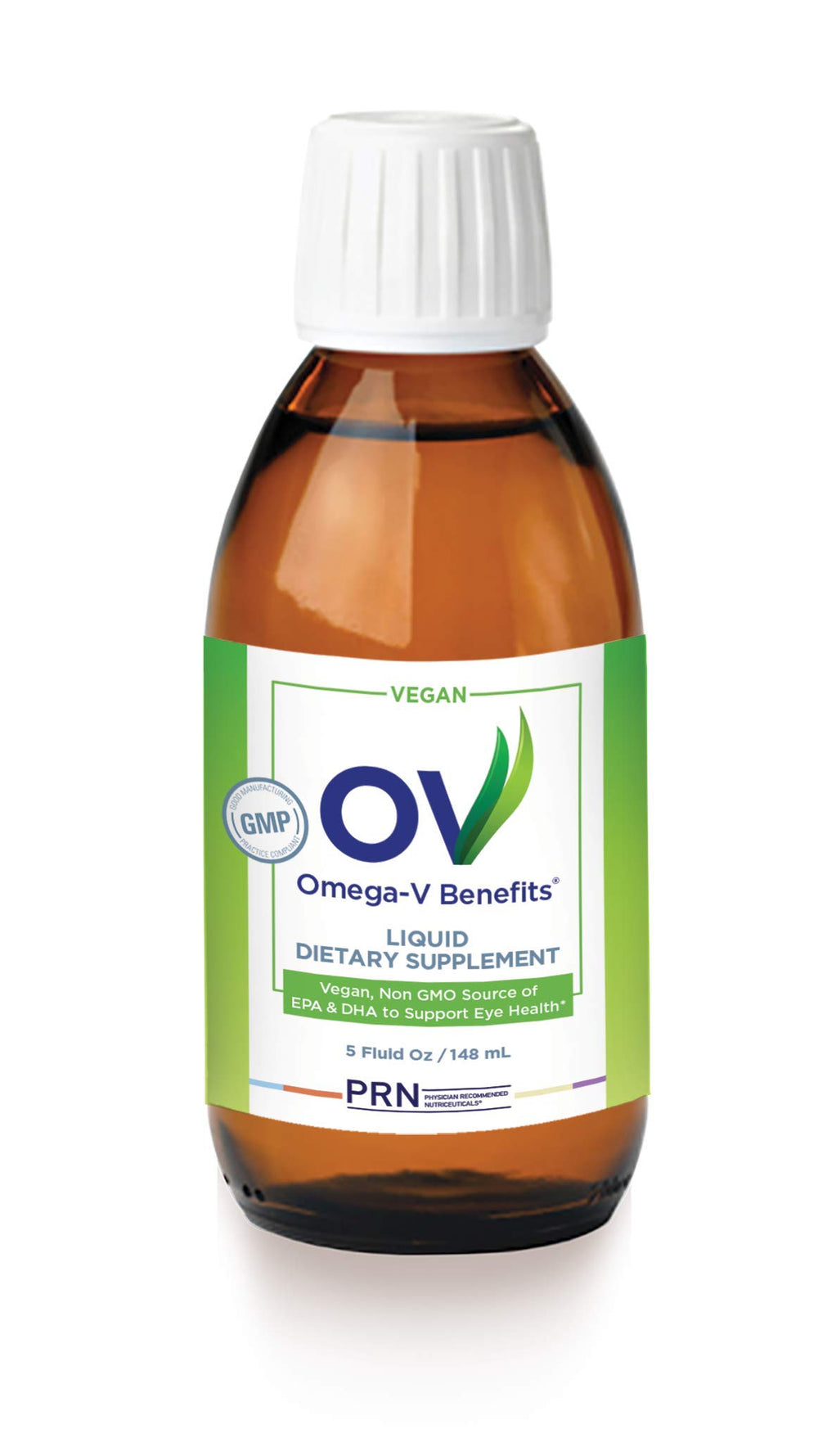 PRN Omega-V Benefits bottle front for vegan eye health support.