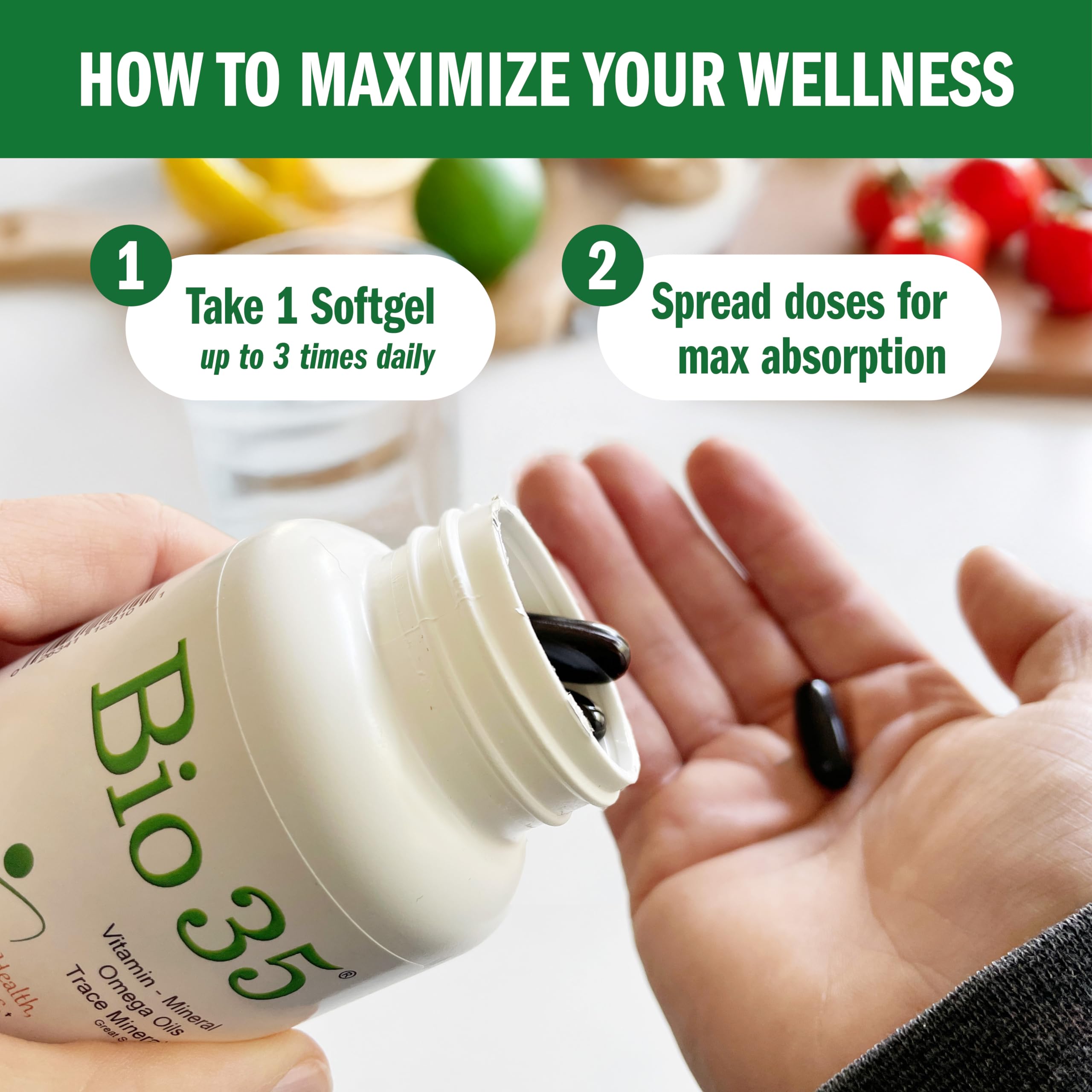 Gluten-free Bio35 label emphasizes purity and dietary tolerance.