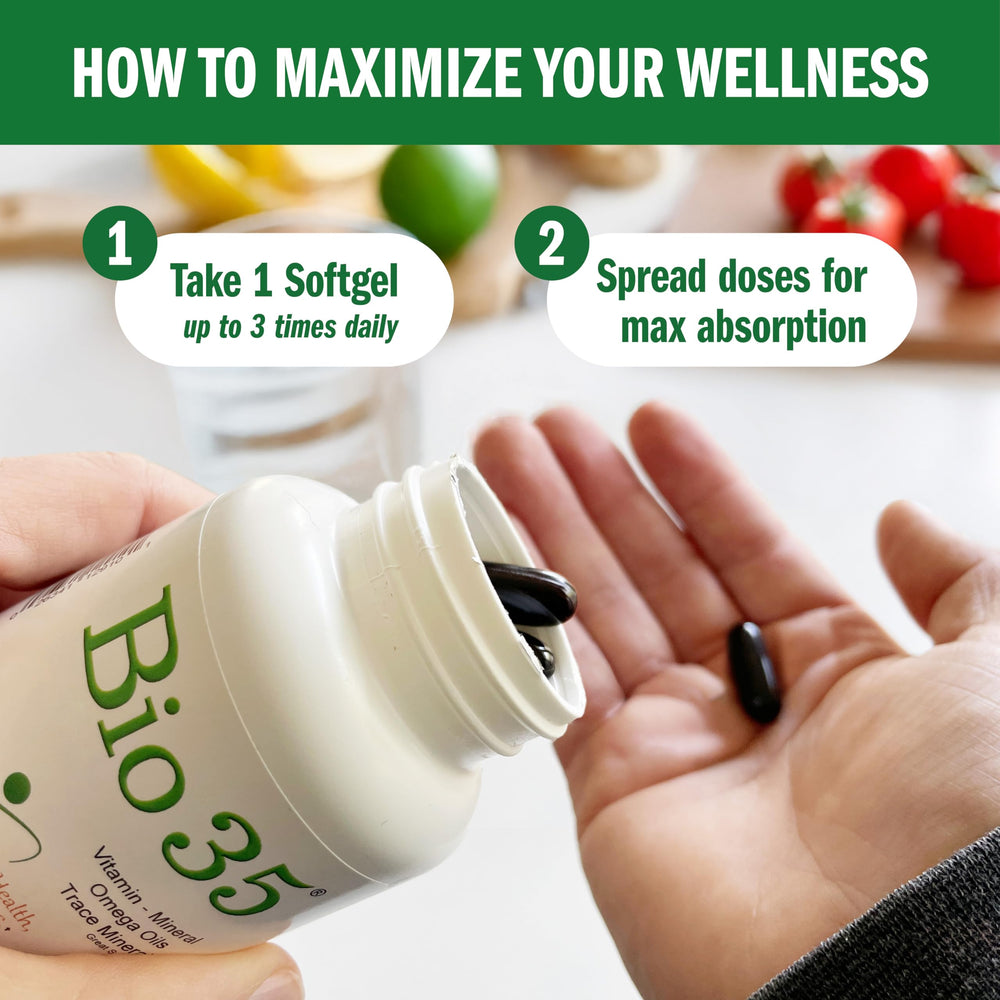 Gluten-free Bio35 label emphasizes purity and dietary tolerance.