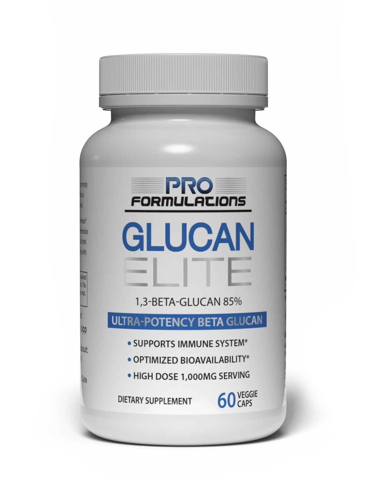Pro Formulations MD Glucan Elite bottle close-up highlighting 60 capsules for daily immune support