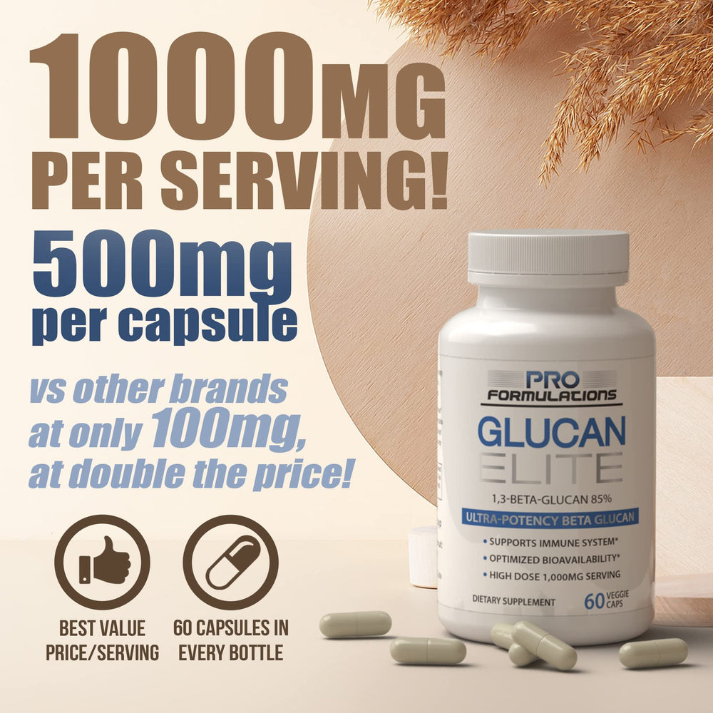 Pro Formulations MD Glucan Elite pour shot showing easy-to-swallow capsules and convenience