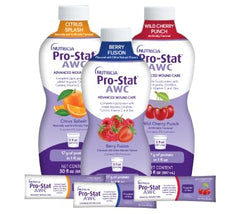 Pro-Stat AWC case pack showing four bottles for daily wound care nutrition.