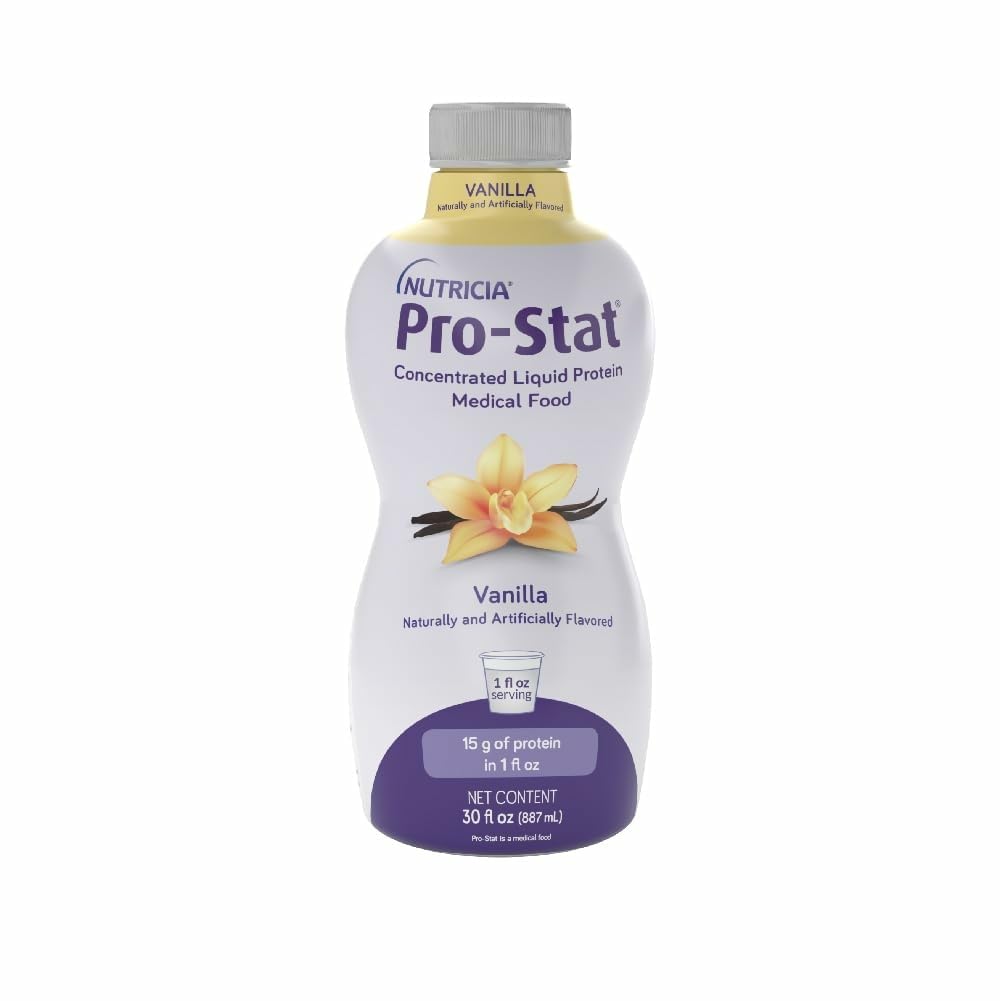 Pro-Stat Concentrated Liquid Protein vanilla bottle on kitchen counter for convenient intake