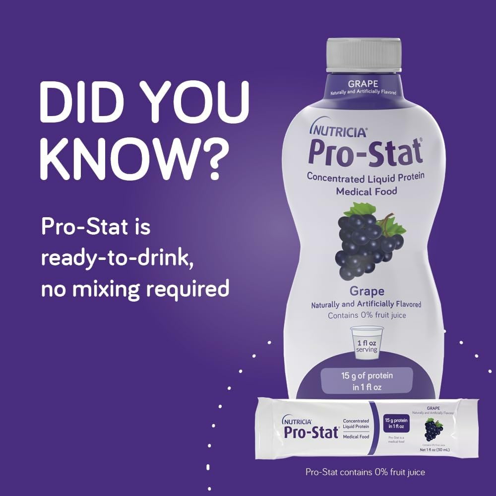 Nutrition facts card for Pro-Stat with 15 g protein and 100 calories per ounce
