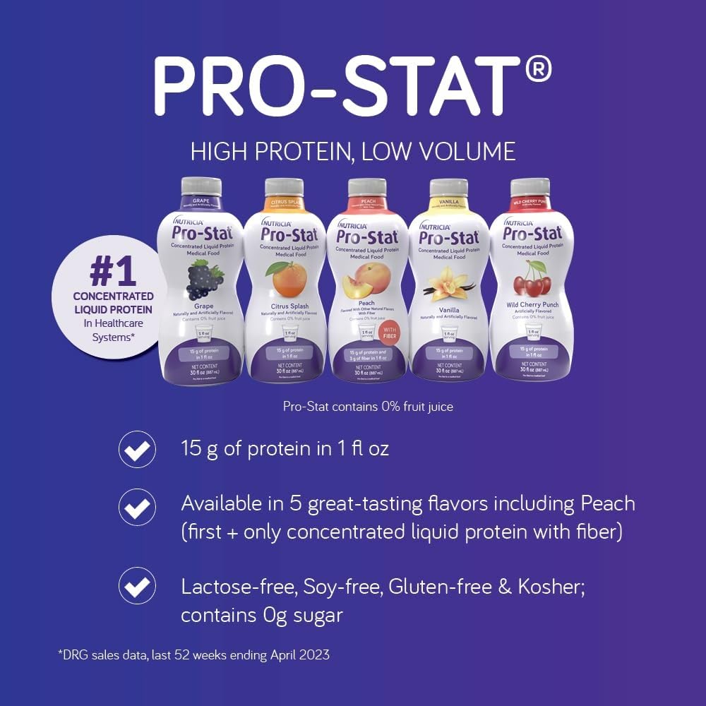 Pro-Stat vanilla bottle close-up highlights lactose-free, gluten-free nutrition options
