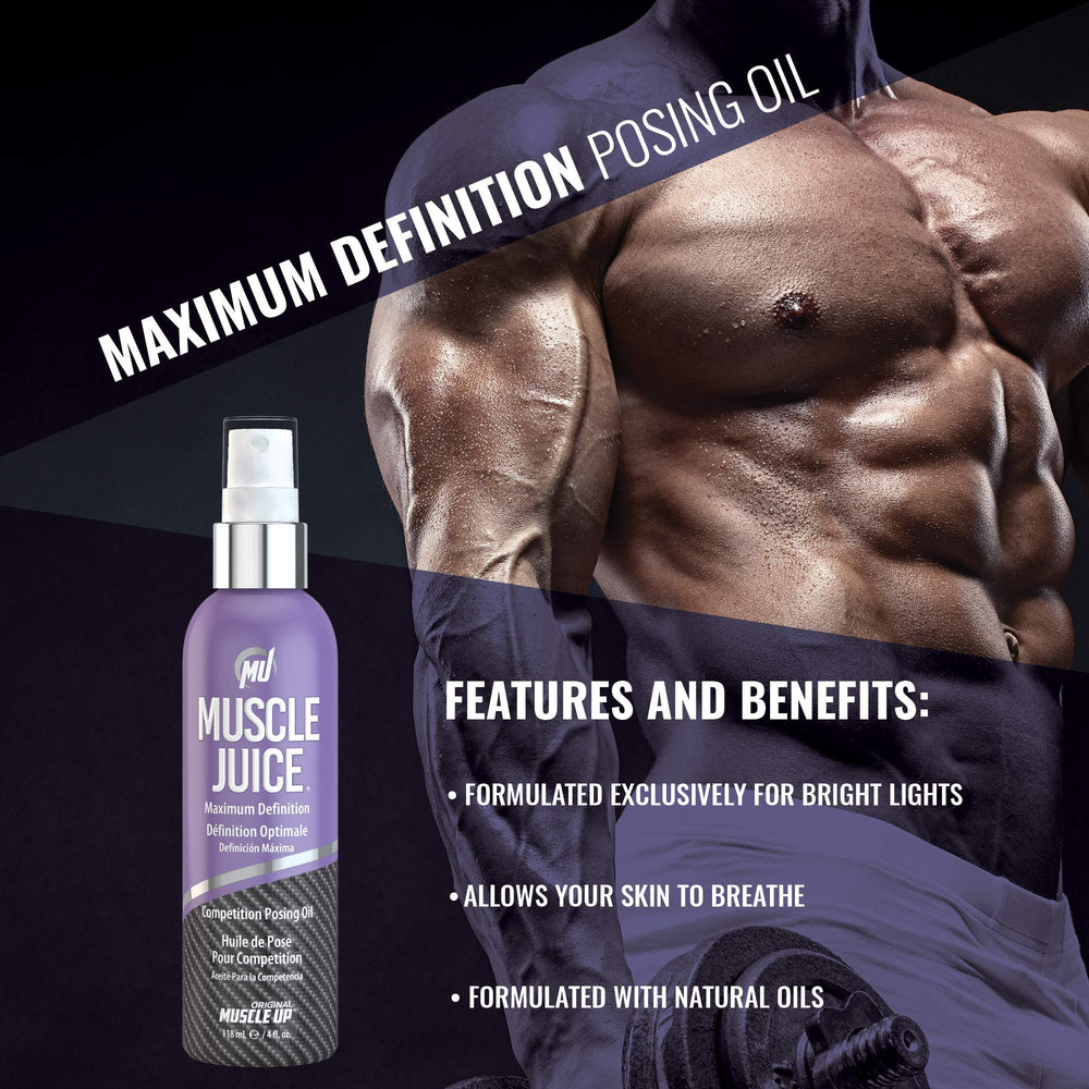 Pro Tan Muscle Juice skin shine highlighting defined muscles under hot lights