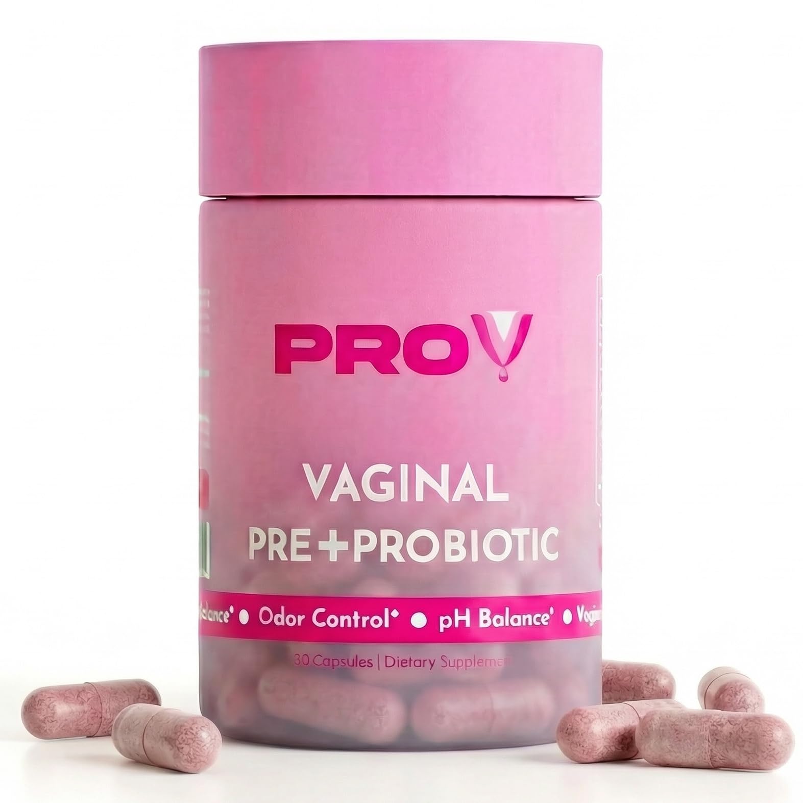 Pro-V Health bottle on table with capsules for daily feminine wellness