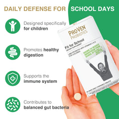 Child chewing strawberry-flavored Pro-Ven tablet for tasty daily support.
