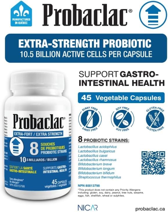 Probaclac bottle back label showing usage and allergen-free formulation