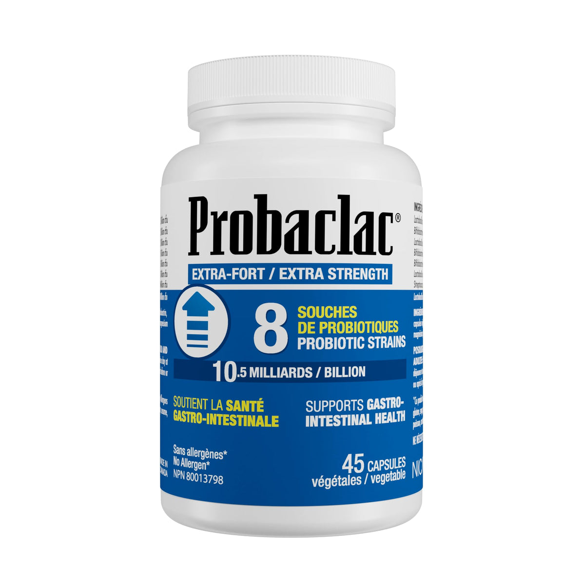 Probaclac extra-strength bottle front view highlighting the multistrain probiotic for daily gut support