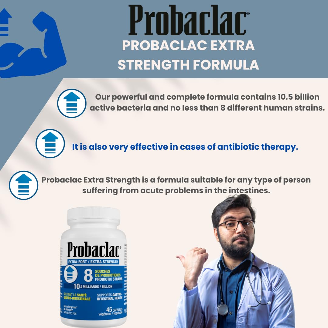 Probaclac ingredients panel featuring seven probiotic strains for digestion