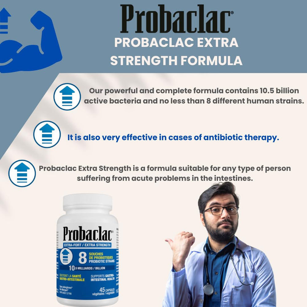 Probaclac ingredients panel featuring seven probiotic strains for digestion