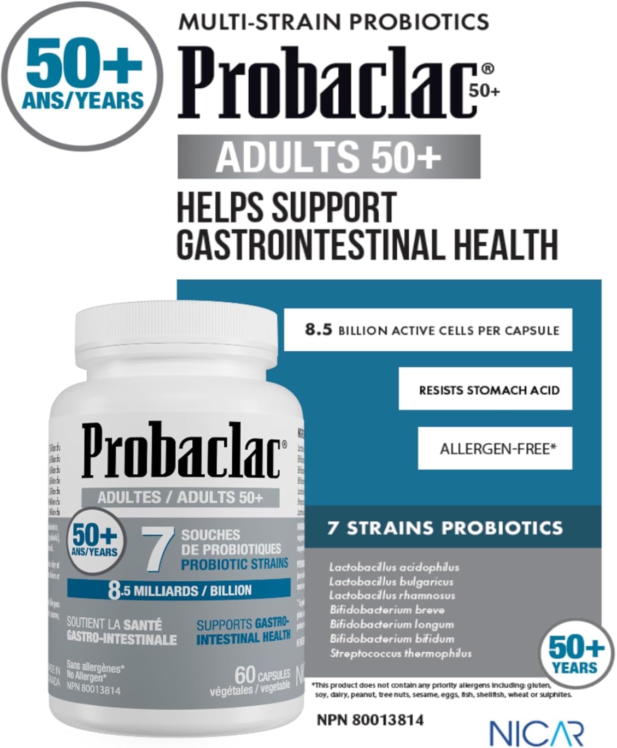 Probaclac seven-strains label highlighting diverse gut flora benefits.