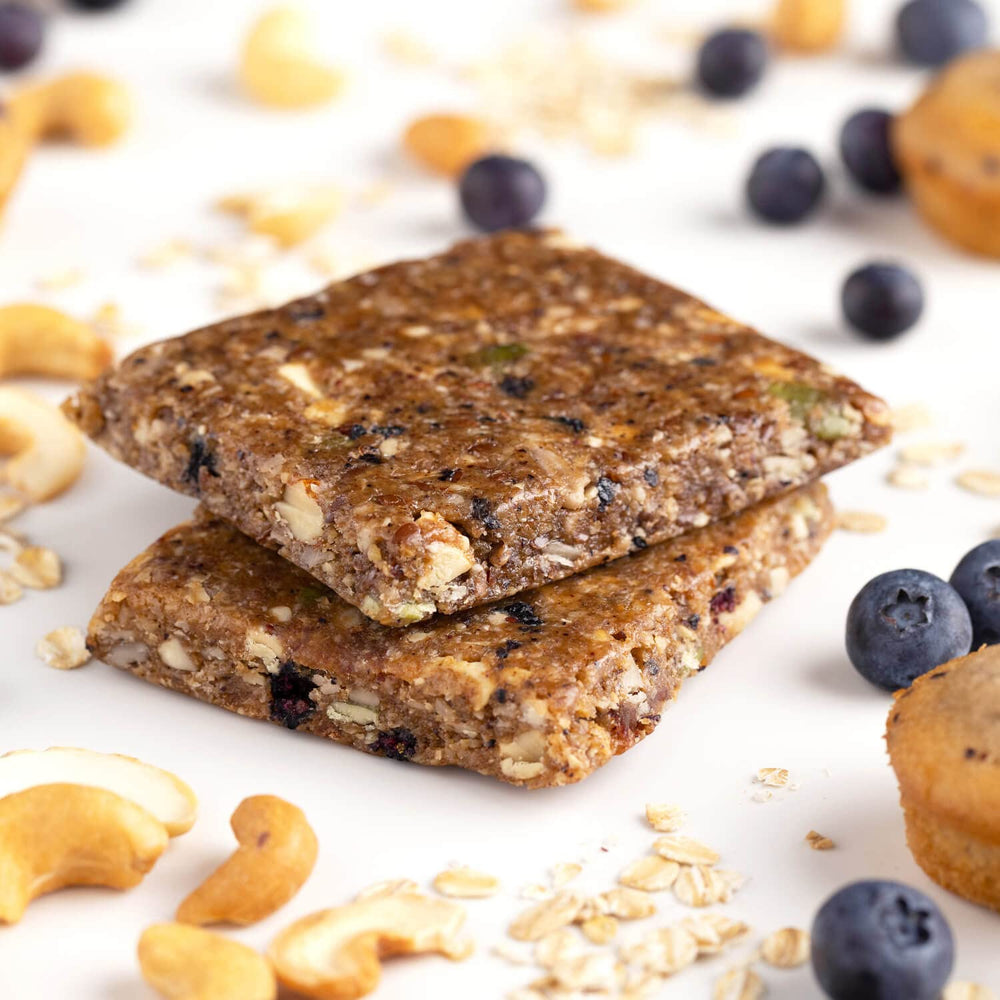 Close-up of Probar Blueberry Muffin Bar shows chewy texture and real ingredients.