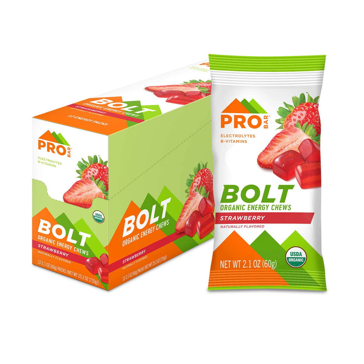PROBAR Bolt strawberry front packaging for on-the-go energy fueling.