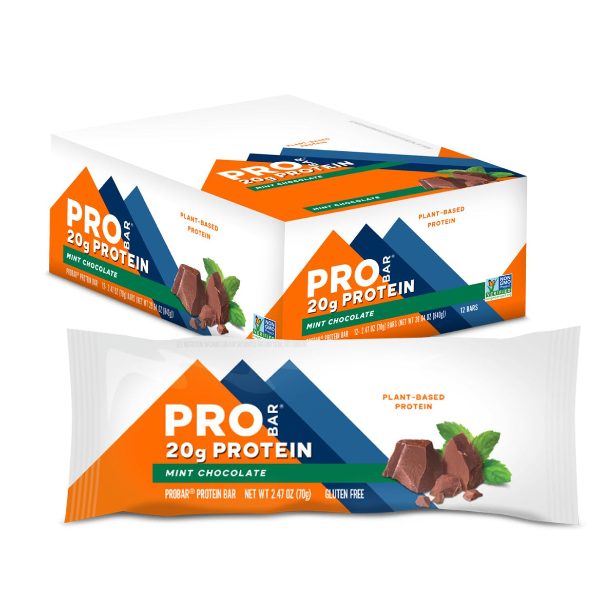 ProBAR Mint Chocolate packaging highlights gluten-free, non-GMO nutrition.