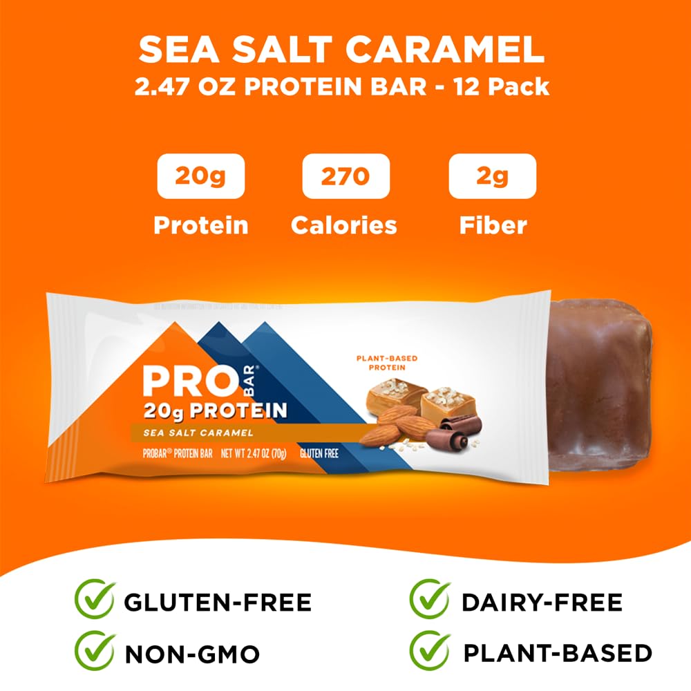Ingredients panel on ProBAR Sea Salt Caramel emphasizes plant-based whole-food ingredients.
