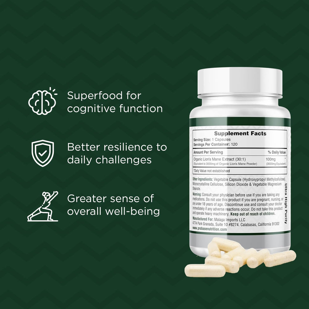 Probase Nutrition Lions Mane macro shot emphasizes concentrated 30:1 extract