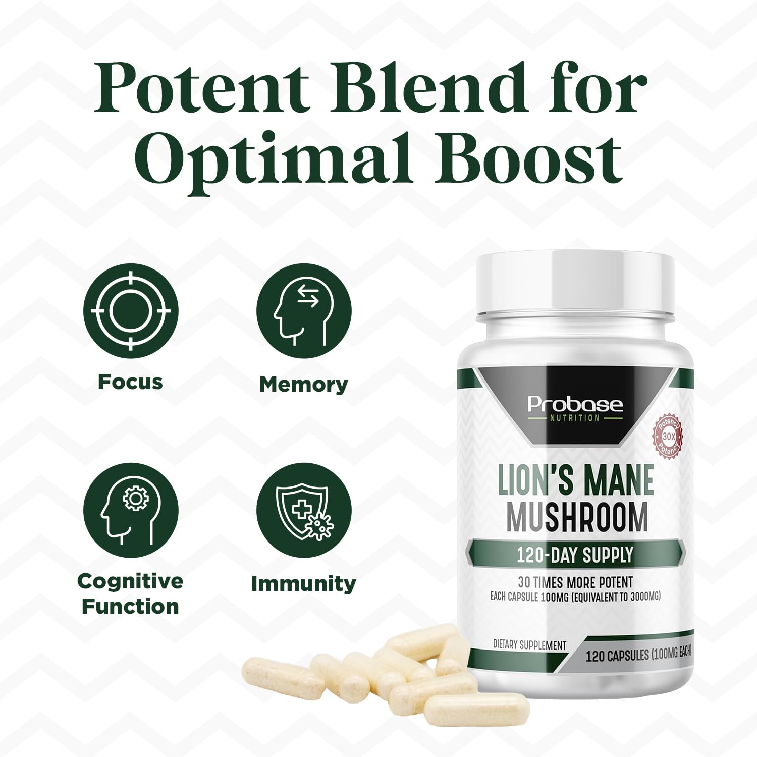 Probase Nutrition Lions Mane bottle back label showing ingredients and potency