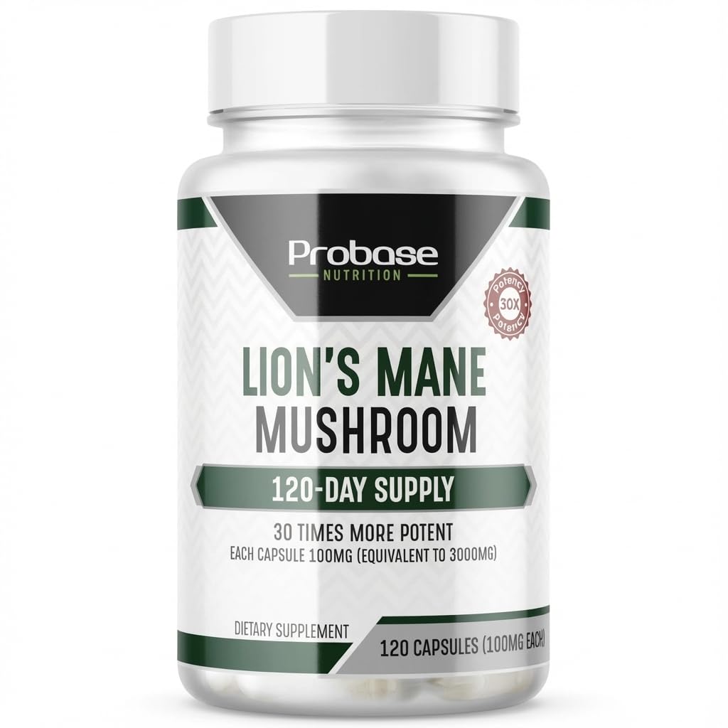 Probase Nutrition Lions Mane capsules closeup highlighting 30x extract for daily focus