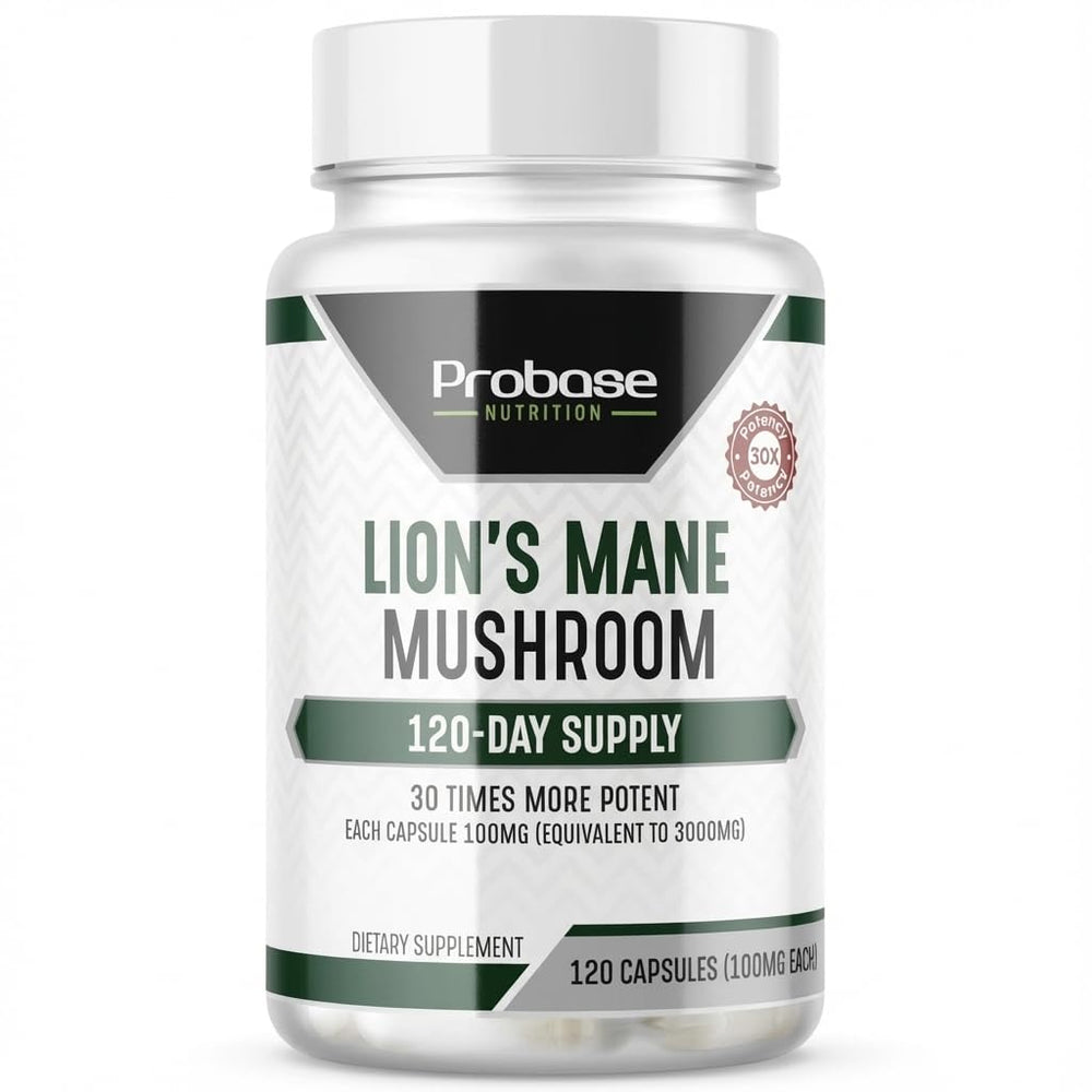 Probase Nutrition Lions Mane capsules closeup highlighting 30x extract for daily focus