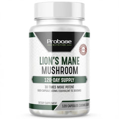 Probase Nutrition Lions Mane capsules closeup highlighting 30x extract for daily focus
