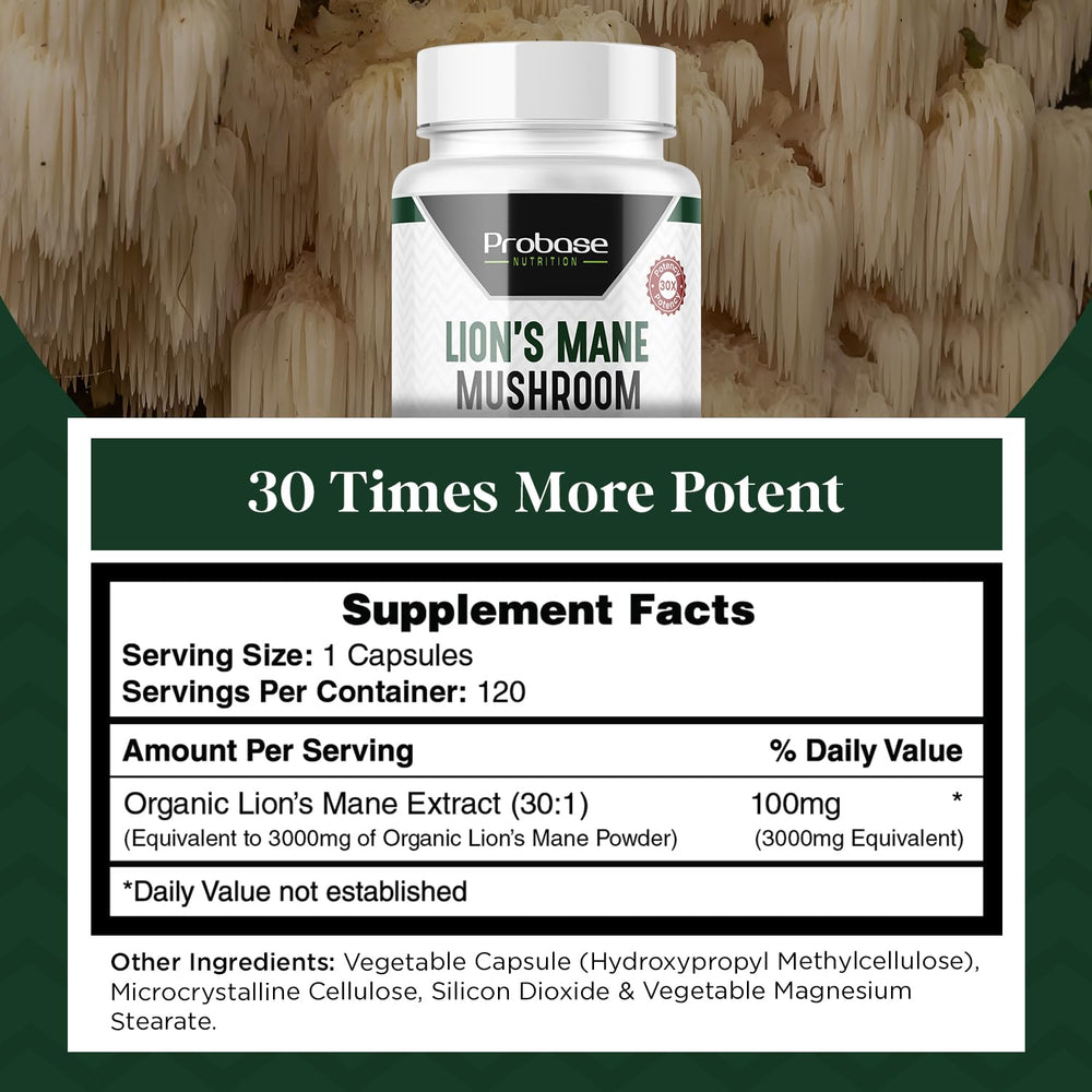 Probase Nutrition Lions Mane capsules on a desk beside study materials