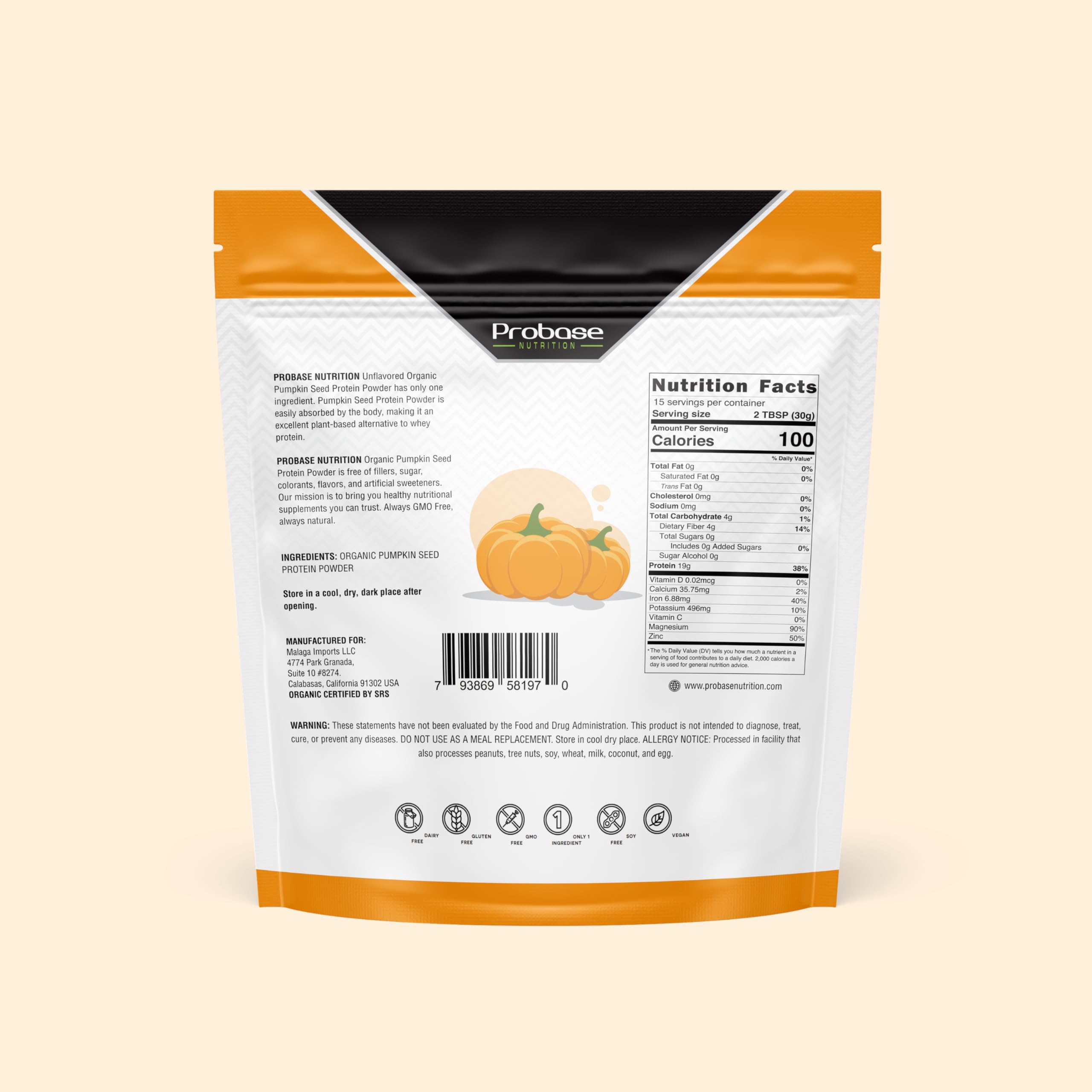 Probase Nutrition pumpkin seed protein powder on kitchen counter, showcasing simple ingredient list.