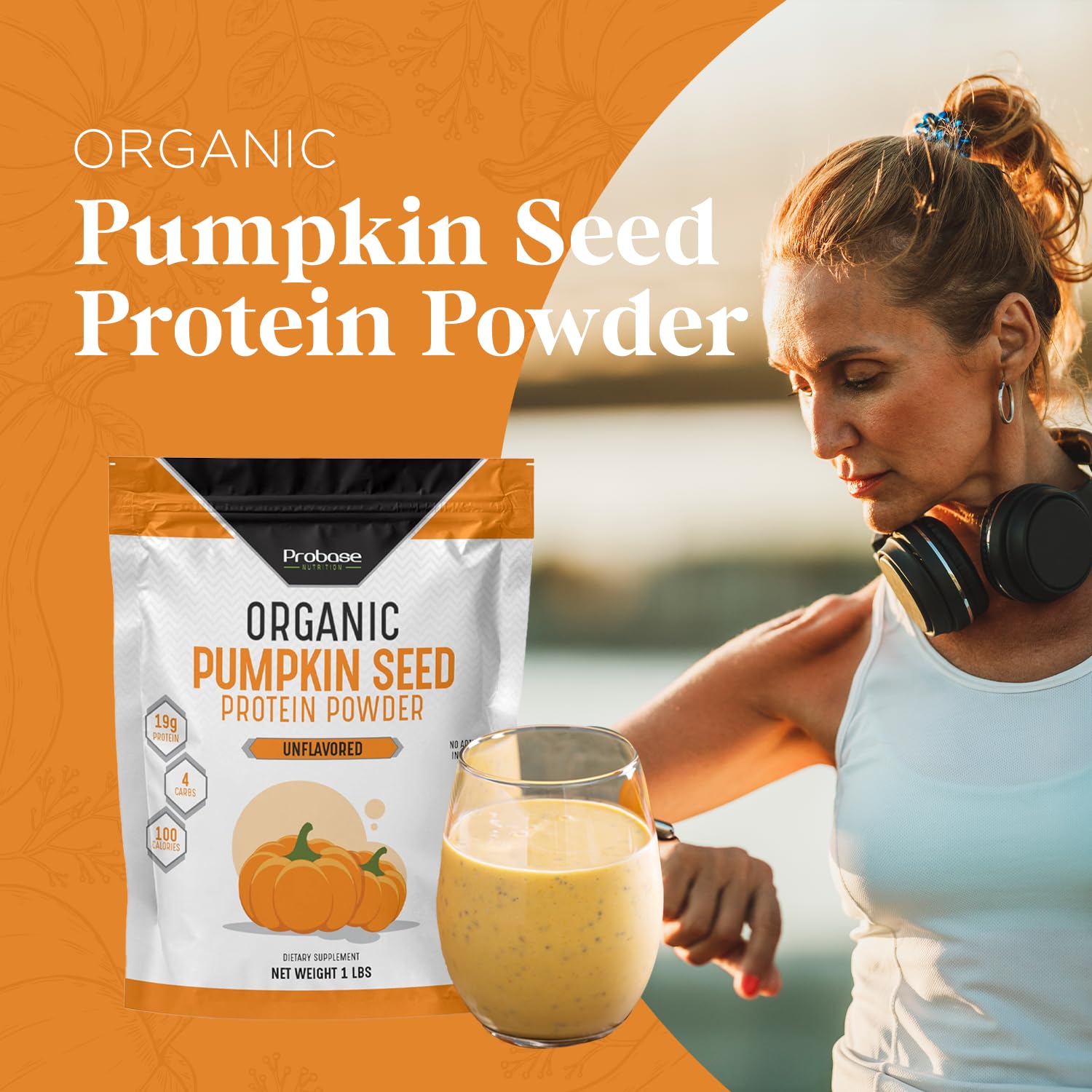 Probase Nutrition pumpkin seed protein powder mixing into a creamy shake for a balanced snack.