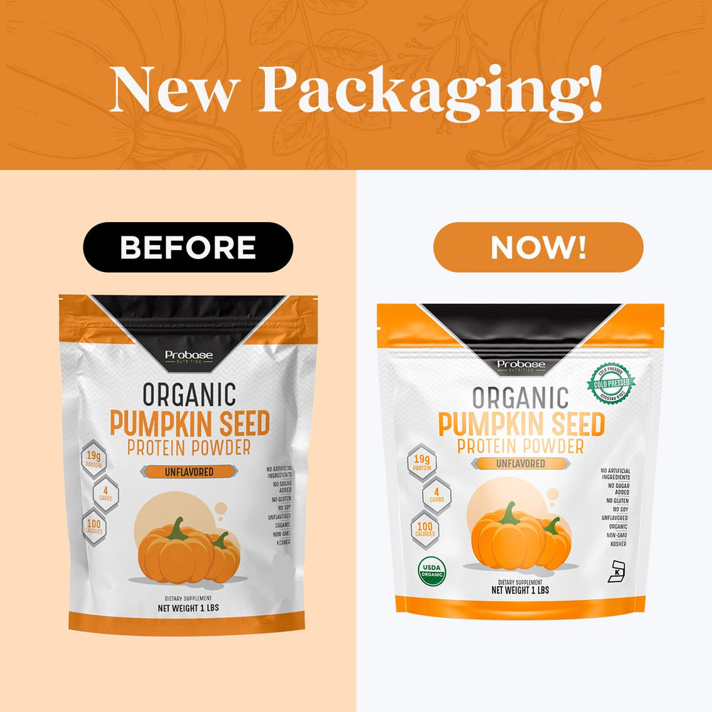 Probase Nutrition pumpkin seed protein powder nutrition facts label highlights protein and omega content.