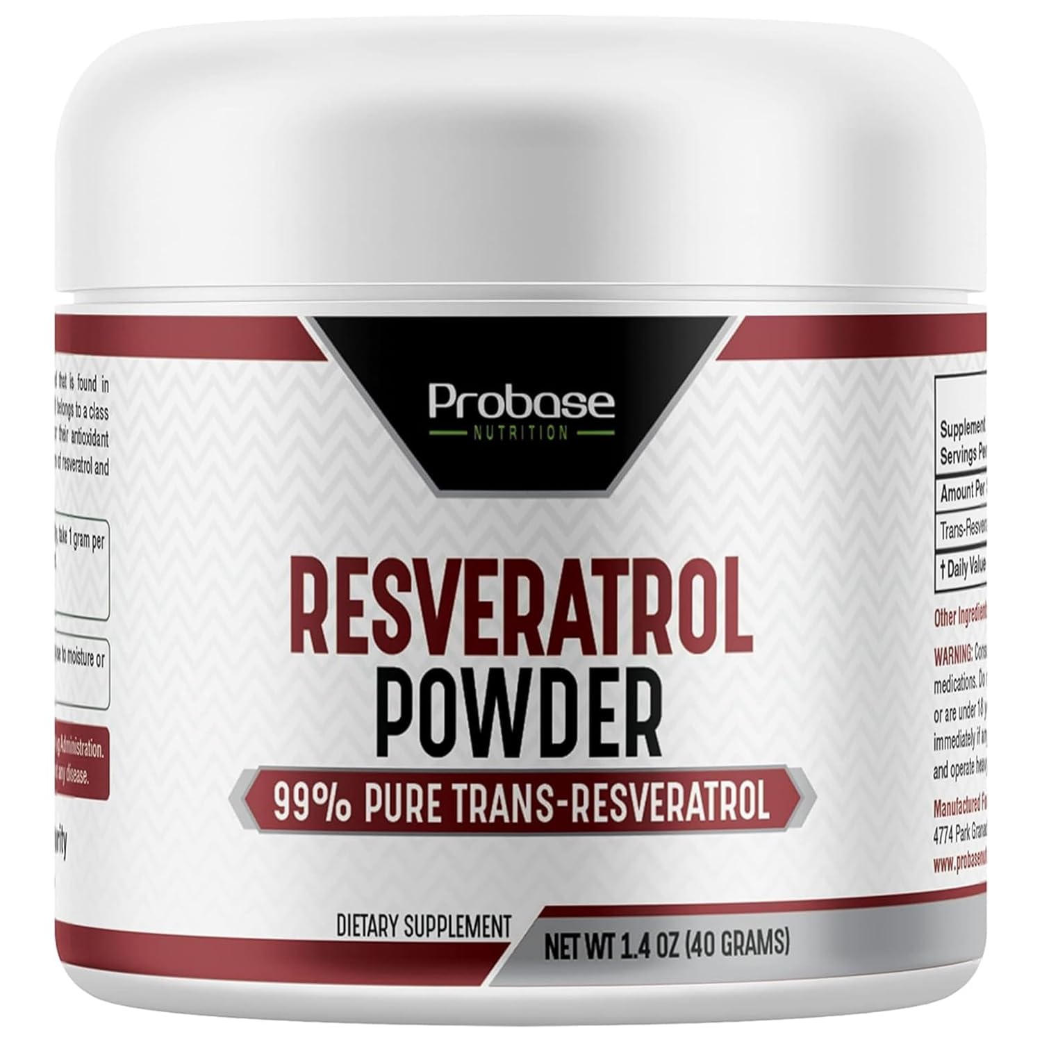 Probase Nutrition Trans Resveratrol bottle shows high-purity powder for daily wellness.