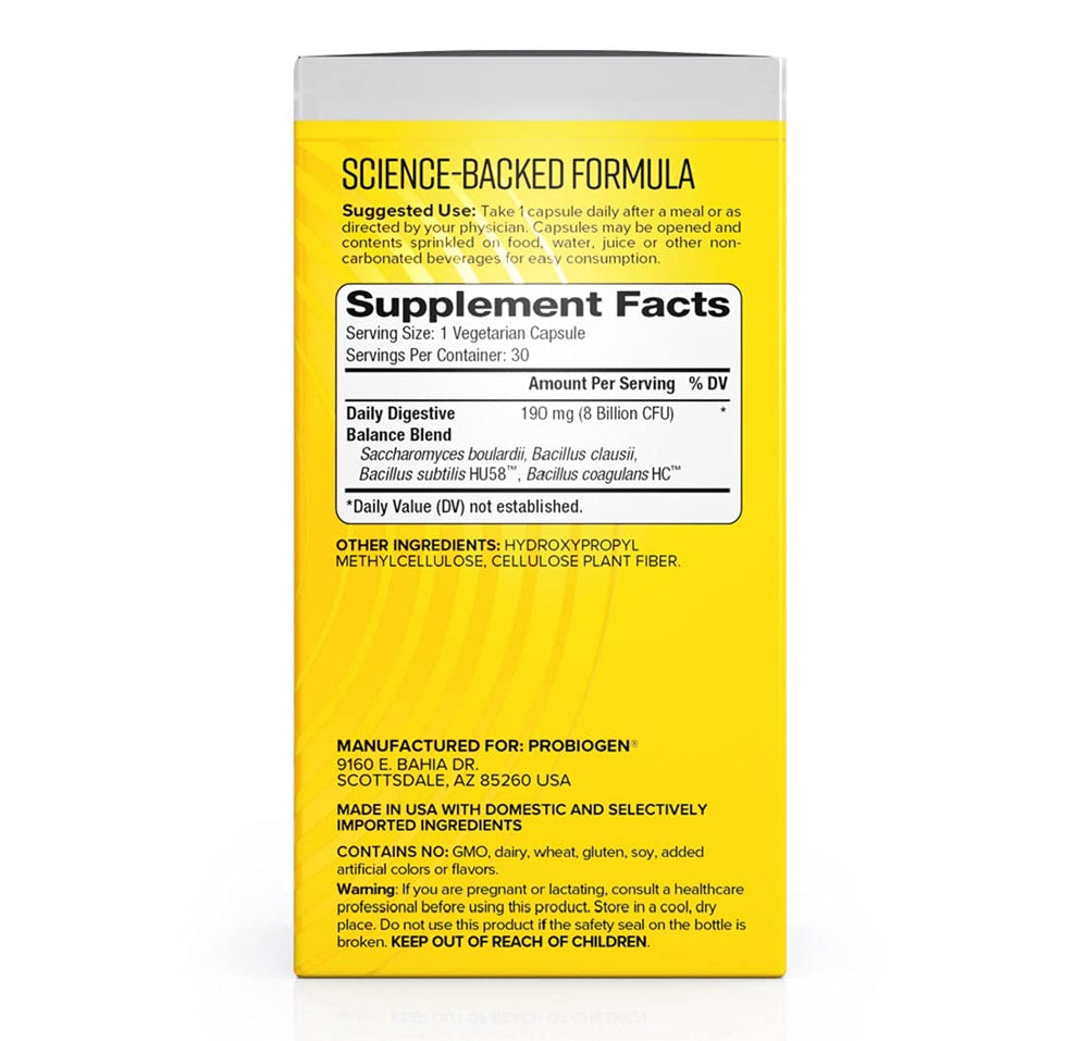 Probiogen Daily Digestive Balance packaging showcases spore-forming probiotic technology.