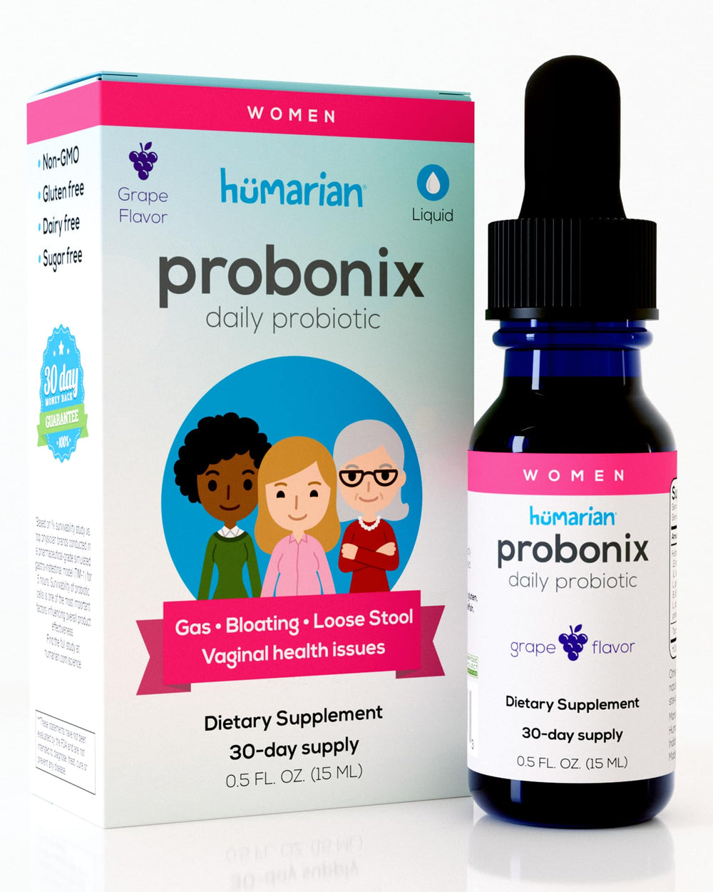 Probonix Humarian liquid probiotics bottle for women supports gut balance.