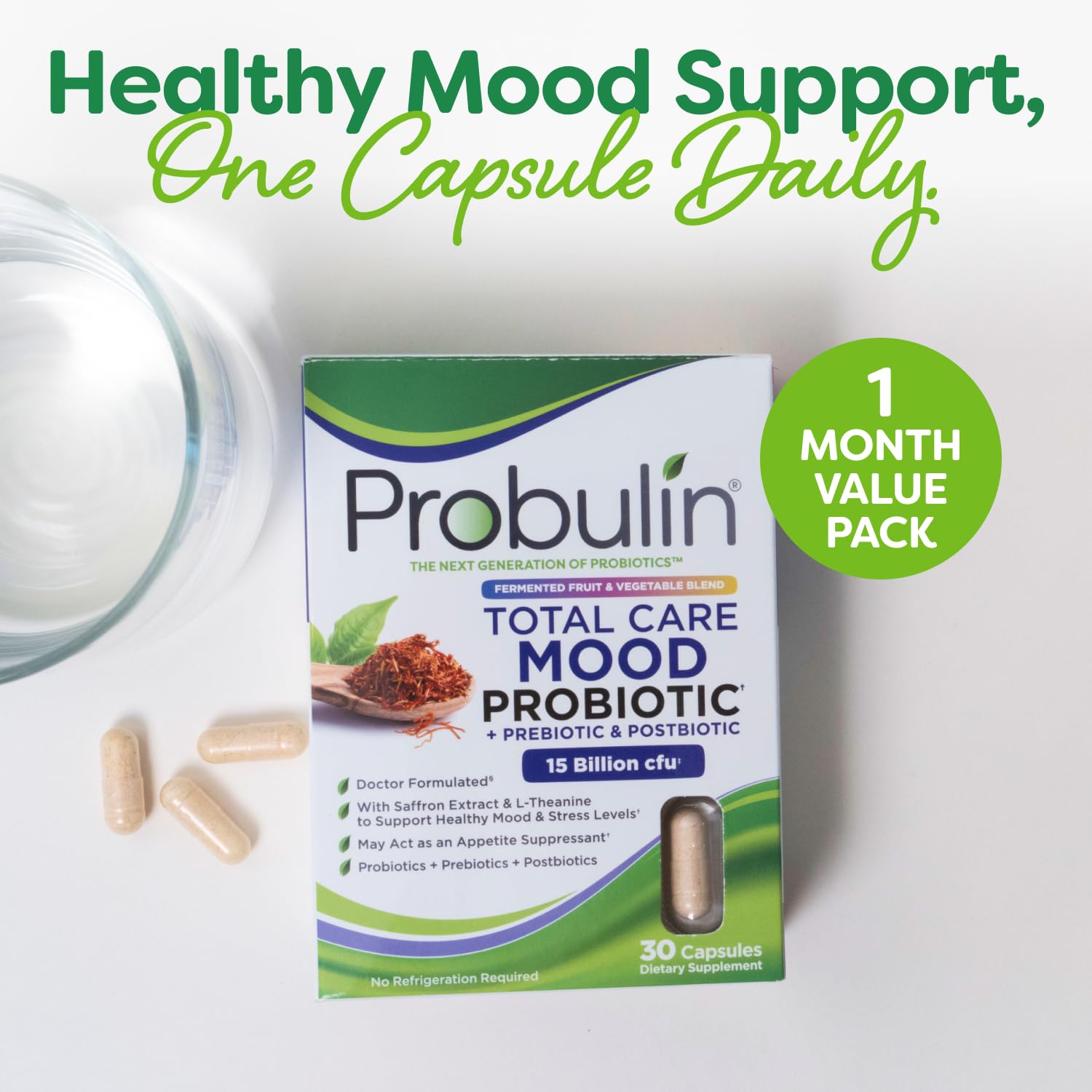 Prebiotic and postbiotic components in Probulin Mood Probiotics support digestion.
