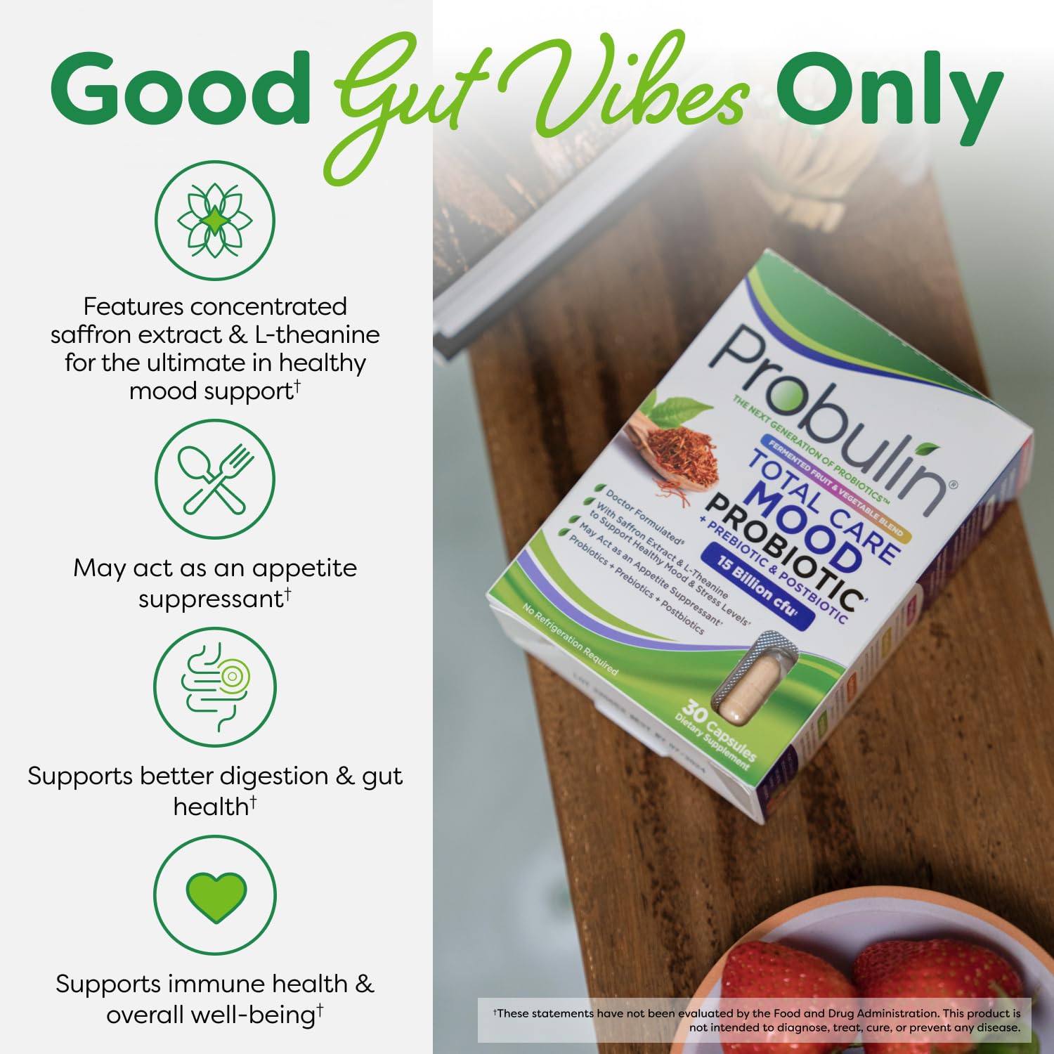 Vegan, non-GMO formulation of Probulin Mood Probiotics.