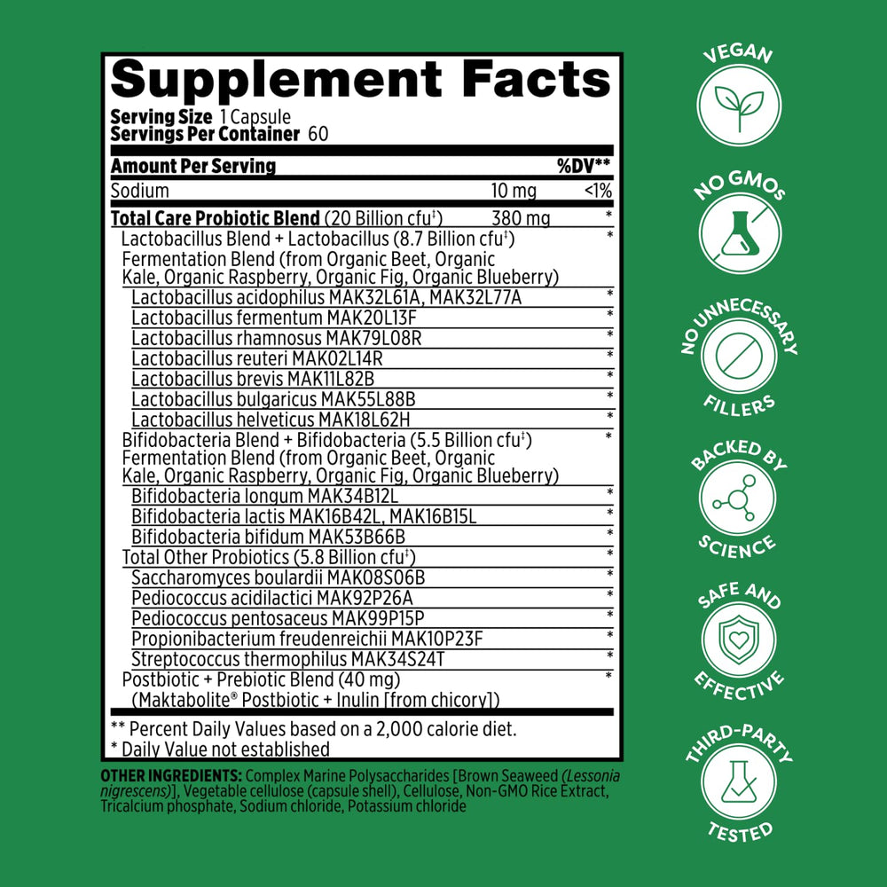 Probulin Total Care bottle label featuring 20 billion CFU and multi-strain blend.