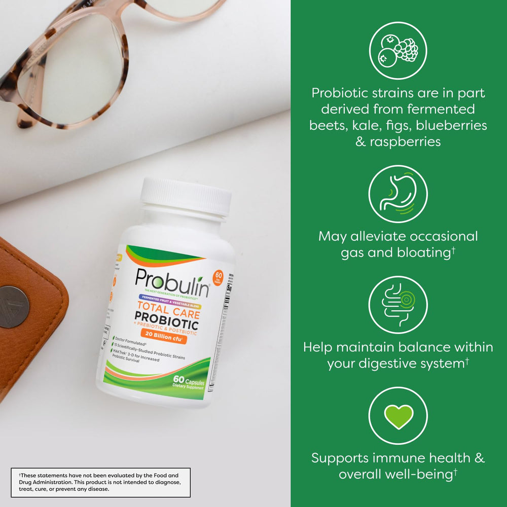 Closeup of Probulin Total Care capsules highlighting vegan formula for digestion support.
