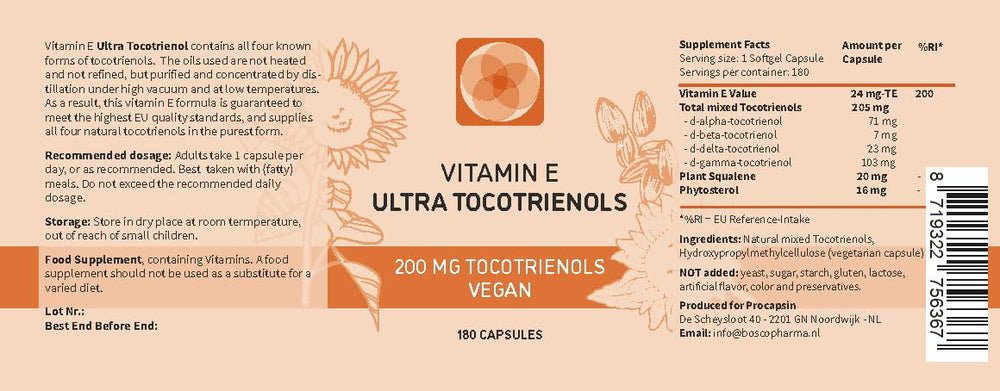 Procapsin Ultra Tocotrienol 200mg capsules for convenient daily intake.