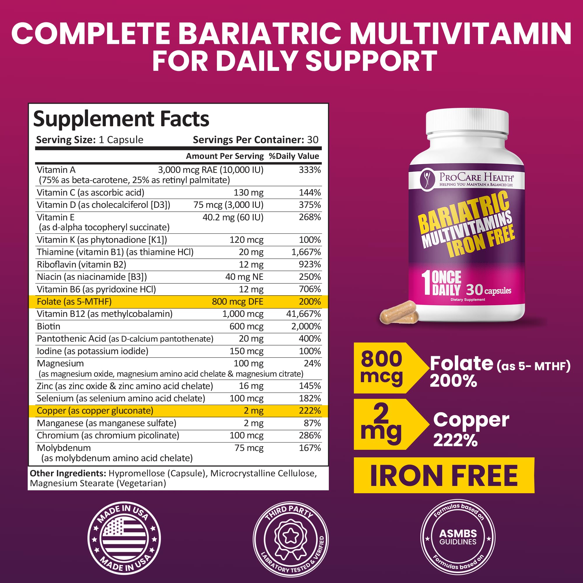 ProCare Health fast-dissolving veggie capsules for easy digestion after bariatric procedures.